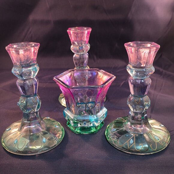 Partylite Mardi Gras Iridescent Tapers and Votive candle holders - Picture 2 of 8